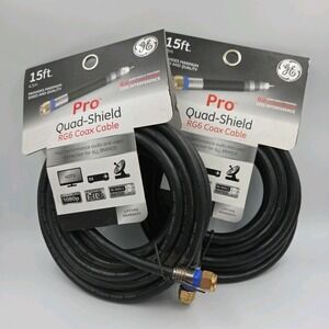 GE 33732 Pro Quad-Shield RG6 Coax Cable 15 ft 4.5m by jasco 2018 New Lot Of 2
